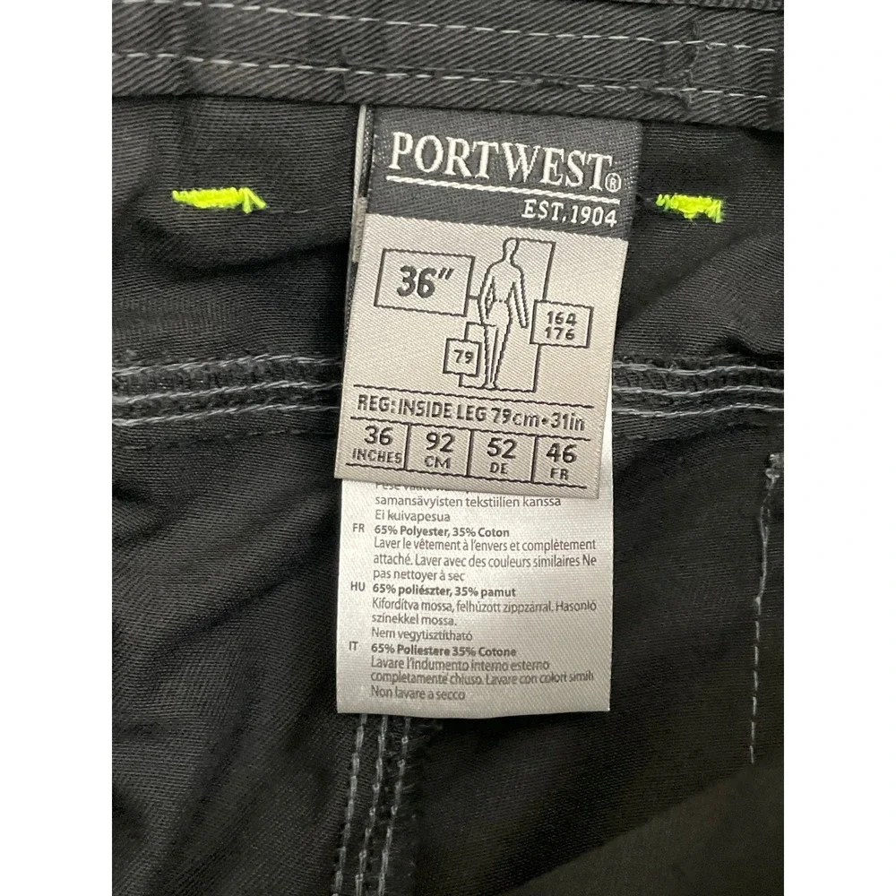NEW Portwest PW3 Work Trouser Mens 36 Black T601 Cargo Utility Drop Hem Pants